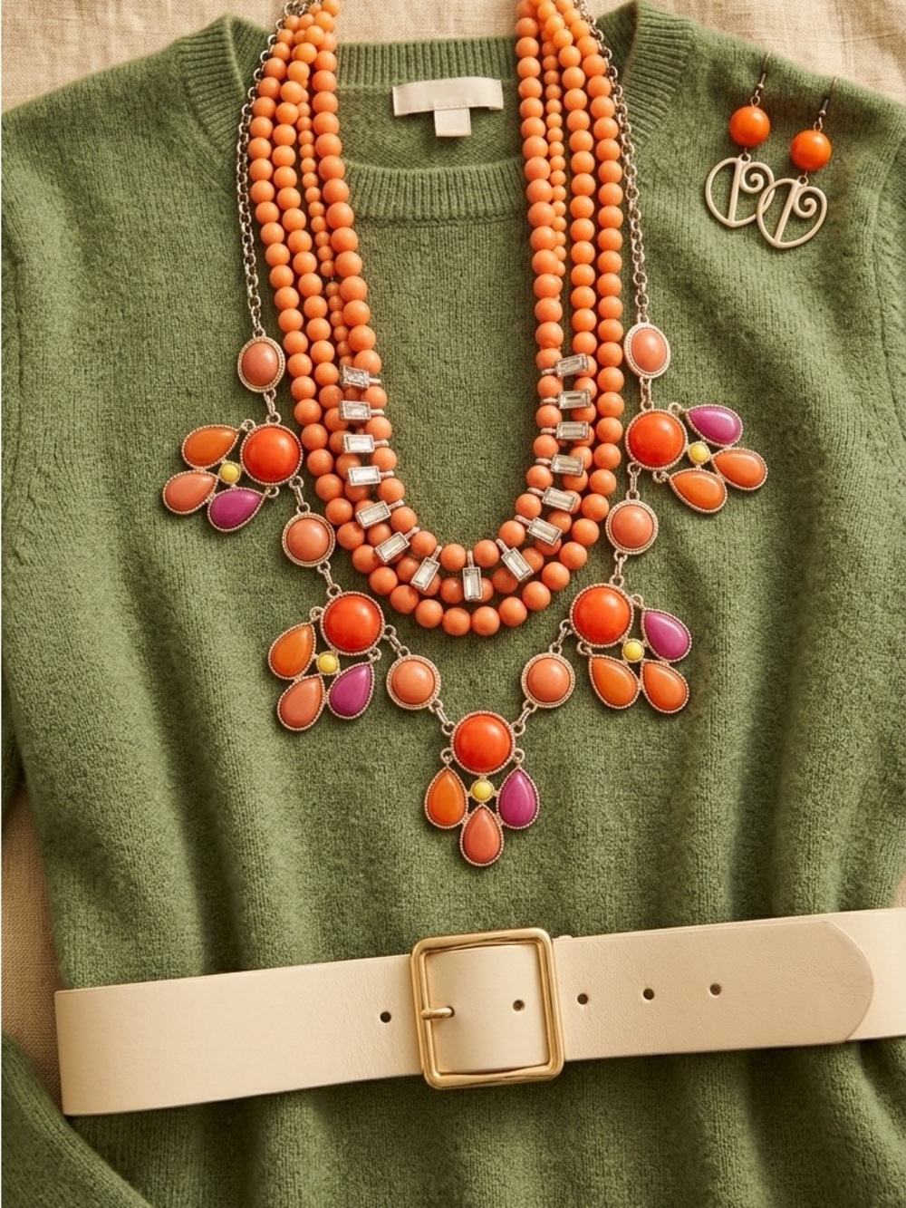 Vibrant Shades of Orange Statement Jewelry Lot 6 Multi-Strand & Dainty Necklaces - Picture 16 of 16